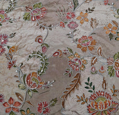 Beige Floral Print Position Embroidered Crepe