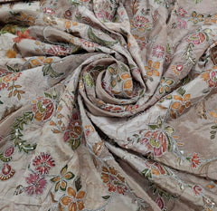 Beige Floral Print Position Embroidered Crepe