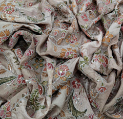 Beige Floral Print Position Embroidered Crepe