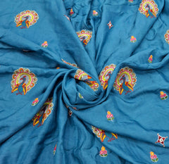 Blue Floral & Peacock Multicolour Embroidered Tussar Silk
