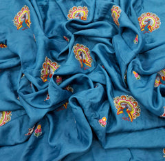 Blue Floral & Peacock Multicolour Embroidered Tussar Silk