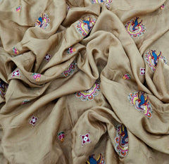 Gold Floral & Peacock Multicolour Embroidered Tussar Silk