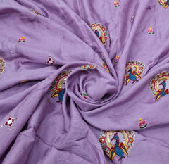 Lavender Floral & Peacock Multicolour Embroidered Tussar Silk