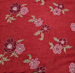 Tomatto Red Floral Thread & Sequins Embroidered Slub Silk