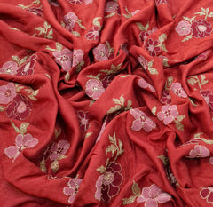 Tomatto Red Floral Thread & Sequins Embroidered Slub Silk