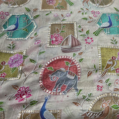 Natural Gold Figure Printed Sequins Thread Crepe Embroidery