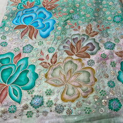Green Blue Printed Sequins Thread Crepe Embroidery