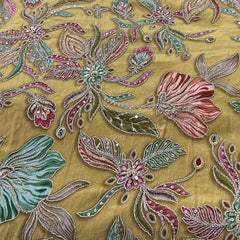 Yellow Printed Sequins Thread Crepe Embroidery