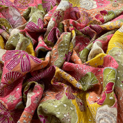 Multicolor Printed Sequins Thread Crepe Embroidery