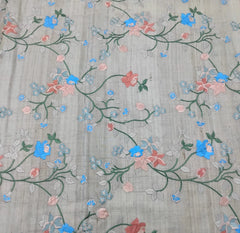 Beige Blue Floral Thread Pure Tussar Embroidery