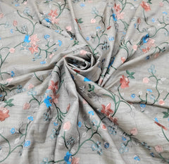 Beige Blue Floral Thread Pure Tussar Embroidery