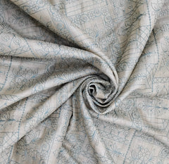 Beige & Sea Blue Floral Thread Pure Tussar Embroidery