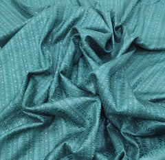 Turquoise Green Stripes Thread & Sequin Pure Tussar Embroidery