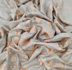 Natural Beige & Peach Floral Thread & Sequin Pure Tussar Embroidery