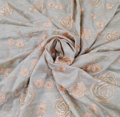 Natural Beige & Peach Floral Thread & Sequin Pure Tussar Embroidery