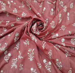 Tomato Red Floral Butta Thread Zari Chanderi Silk Embroidery