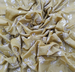 Light Mustard Yellow Floral Butta Thread Zari Chanderi Silk Embroidery