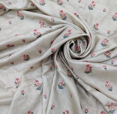 Natural Beige Floral Motifs Thread & Sequin Pure Tussar Embroidery
