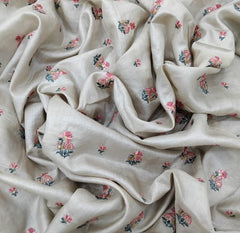 Natural Beige Floral Motifs Thread & Sequin Pure Tussar Embroidery