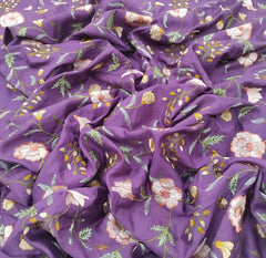 Purple Multicolour Floral Thread Chinia Silk Embroidery