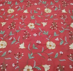 Red Multicolour Floral Thread Chinia Silk Embroidery