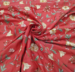 Red Multicolour Floral Thread Chinia Silk Embroidery