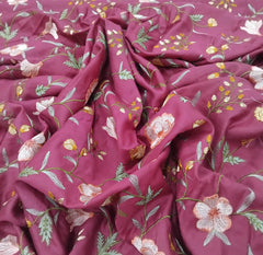 Wine Multicolour Floral Thread Chinia Silk Embroidery
