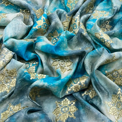 Blue & Grey Tie Dye Munga Silk Zari Brocade