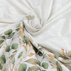 Off White And Green Leaf Daman Flex Printed Linen