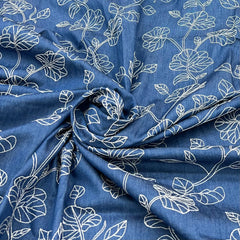 Light Denim Blue Floral Thread Embroidered Denim