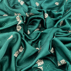 Green Floral Zari Slub Dupion Satin Embroidery