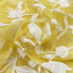 Yellow Floral Applique Pure Organza Embroidery