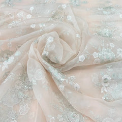 Light Peach Floral Sequins & Thread Pure Organza Embroidery