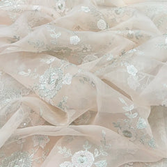 Light Peach Floral Sequins & Thread Pure Organza Embroidery