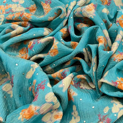 Sea Blue Floral Crush Tissue Print & Embroidery