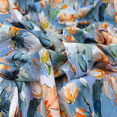 Powder Blue Multicolour Floral Slub Silk Print