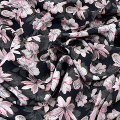 Black Floral Slub Silk Print