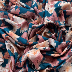 Teal Blue Chinese Floral Lawn Cotton Printed