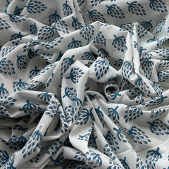White Blue Motif Hand Block Cotton Printed