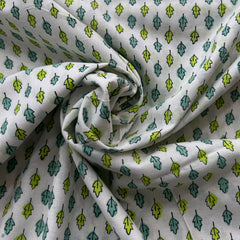 White Green Leaf Hand Block Cotton Printed