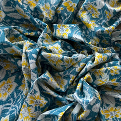 Blue Yellow Floral Hand Block Cotton Printed