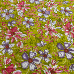 Lime Green Floral Multicolour Cotton Printed