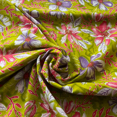 Lime Green Floral Multicolour Cotton Printed