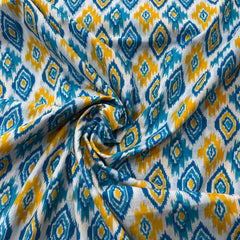 White Blue Ethnic Ikkat Cotton Printed