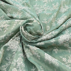 Sage Green Sequins Floral Jal Chanderi Silk Tissue Embroidery