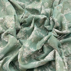 Sage Green Sequins Floral Jal Chanderi Silk Tissue Embroidery