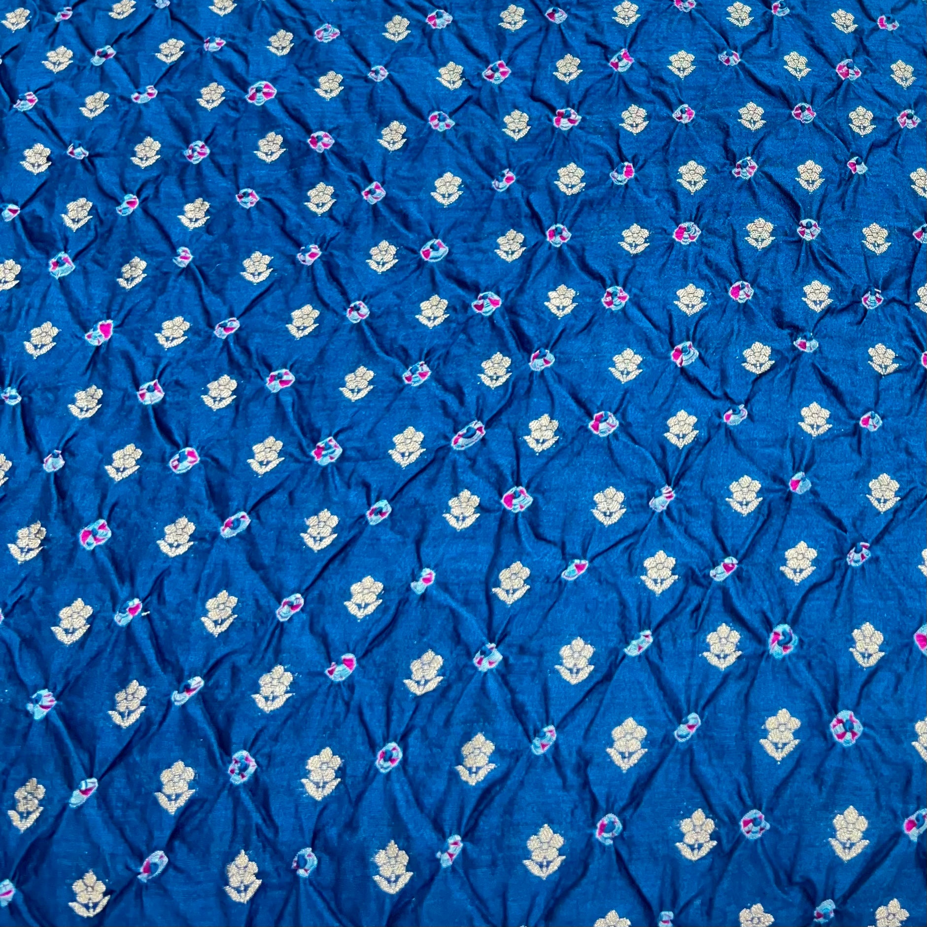 Teal Blue Bandhani Zari Butti Chinia Silk