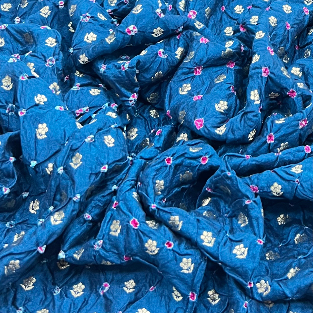 Teal Blue Bandhani Zari Butti Chinia Silk
