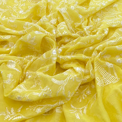 Lemon Yellow Floral Jal Thread Mul Chanderi Embroidery