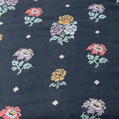 Jet Black/Multi Colour Cross Stitch Floral Linen Embroidery